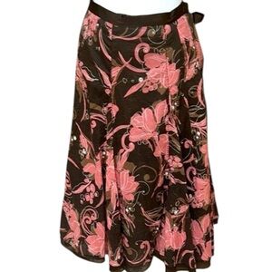 Apt. 9 Pleated Brown & Pink Floral Fully Lined Belted A-Line Boho Midi Skirt Med